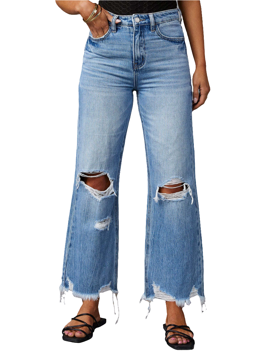 Distressed Raw Hem Jeans with Pockets