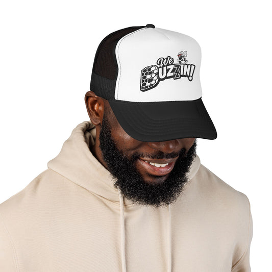 We Buzzin! Bee Graphic Trucker Hat | Honeycomb Logo Mesh Cap