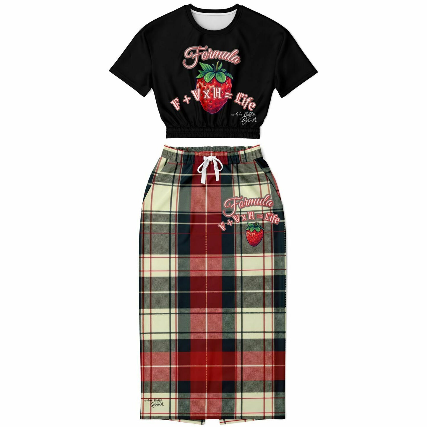 Formula Strawberry Cropped Short Sleeve Sweatshirt and Long Pocket Skirt Set – AOP