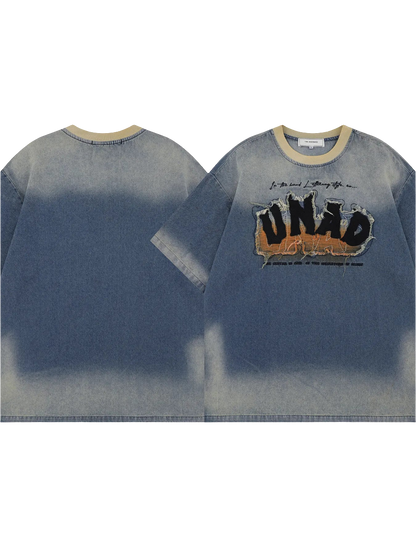 Men's Letter Patch Wash Oversized Denim Top