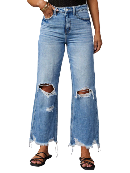 Distressed Raw Hem Jeans with Pockets