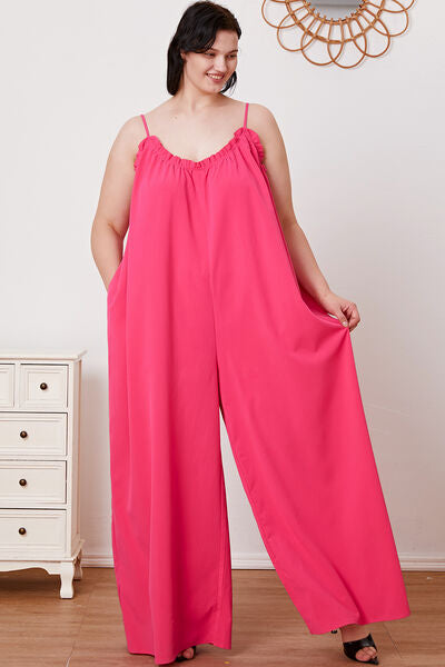 Full Size Ruffle Trim Tie Back Cami Jumpsuit with Pockets